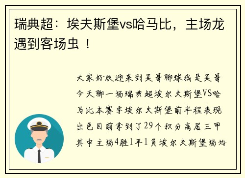 瑞典超：埃夫斯堡vs哈马比，主场龙遇到客场虫 ！