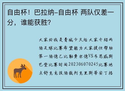 自由杯！巴拉纳-自由杯 两队仅差一分，谁能获胜？
