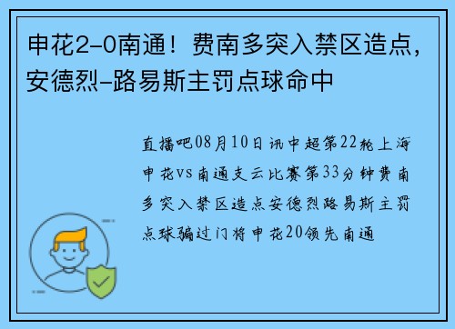 申花2-0南通！费南多突入禁区造点，安德烈-路易斯主罚点球命中