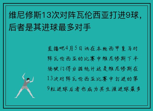 维尼修斯13次对阵瓦伦西亚打进9球，后者是其进球最多对手